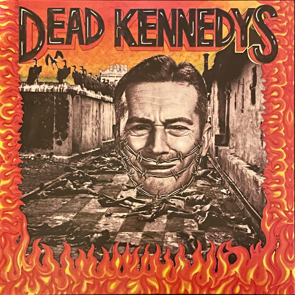 Album cover for Dead Kennedys featuring a black and white photograph of a man's face with a necktie, surrounded by flames, against a red background.