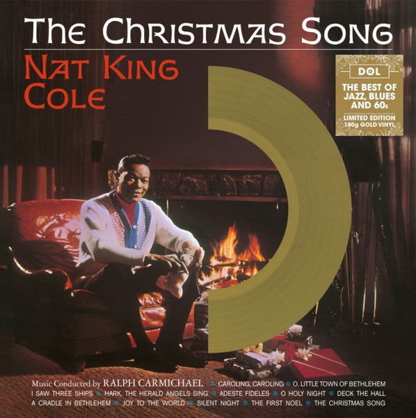 Album cover of 'The Christmas Song' by Nat King Cole with a fireplace and red couch.