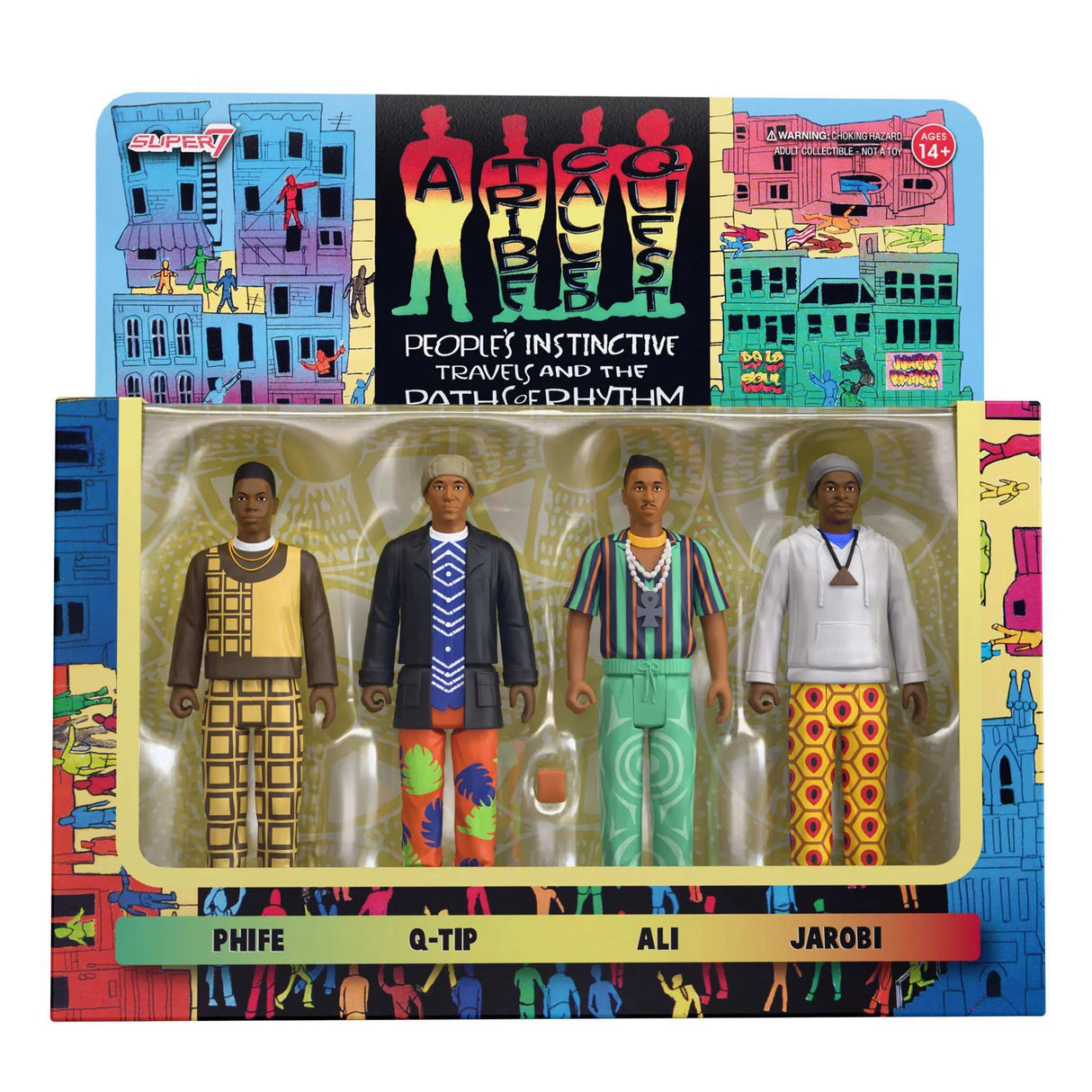 Four action figures in a colorful box with 'A Tribe Called Quest' branding.