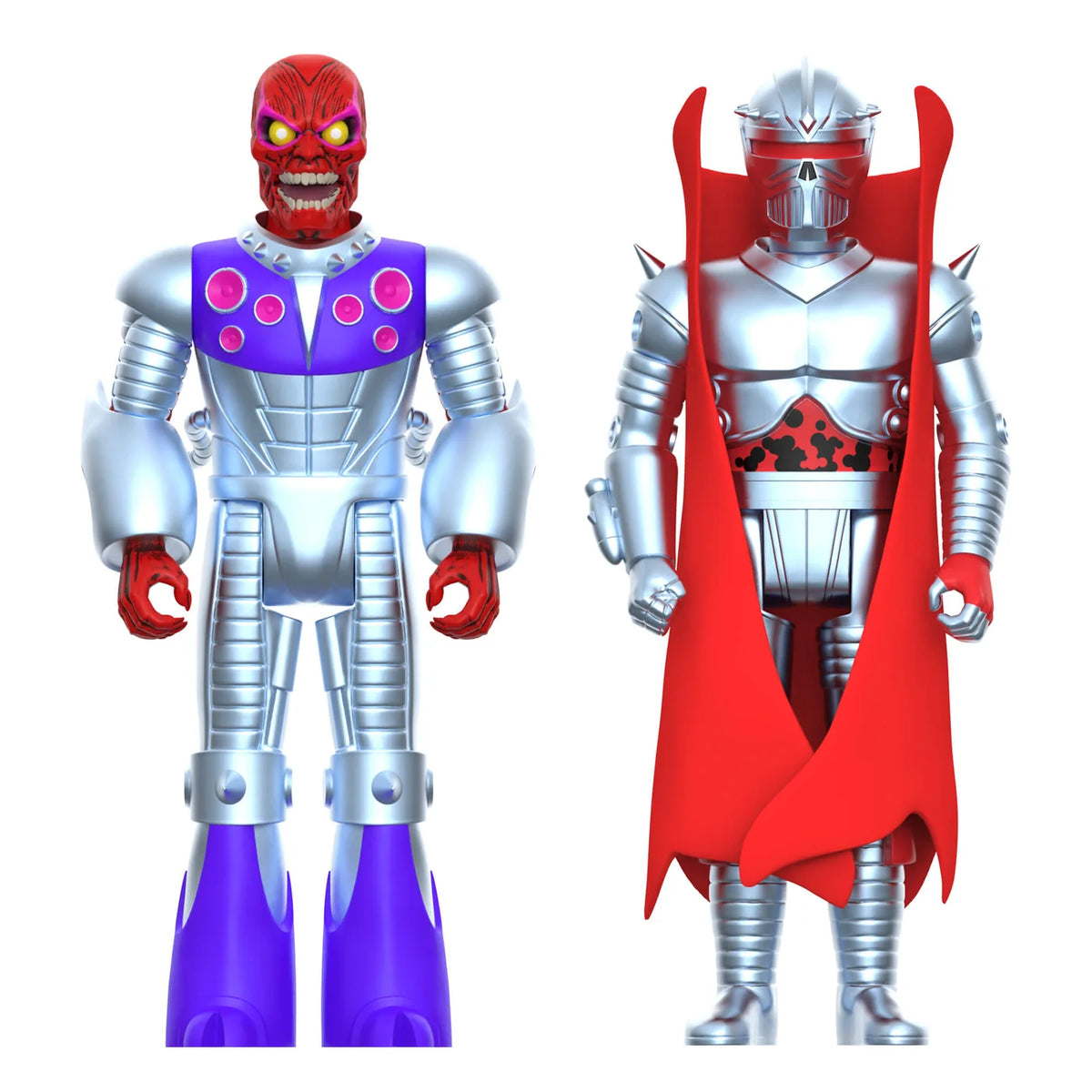 Two stylized robot/costume figures on a plain white background: one with a red skull-like head, silver body, purple chest and leg panels, and pink circular accents; the other in full silver armor with a large red cape and a red patterned torso.