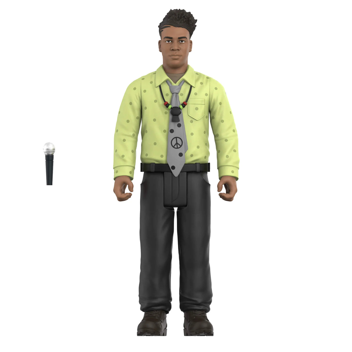 Action figure in a bright yellow shirt with a tie and black pants on a white background