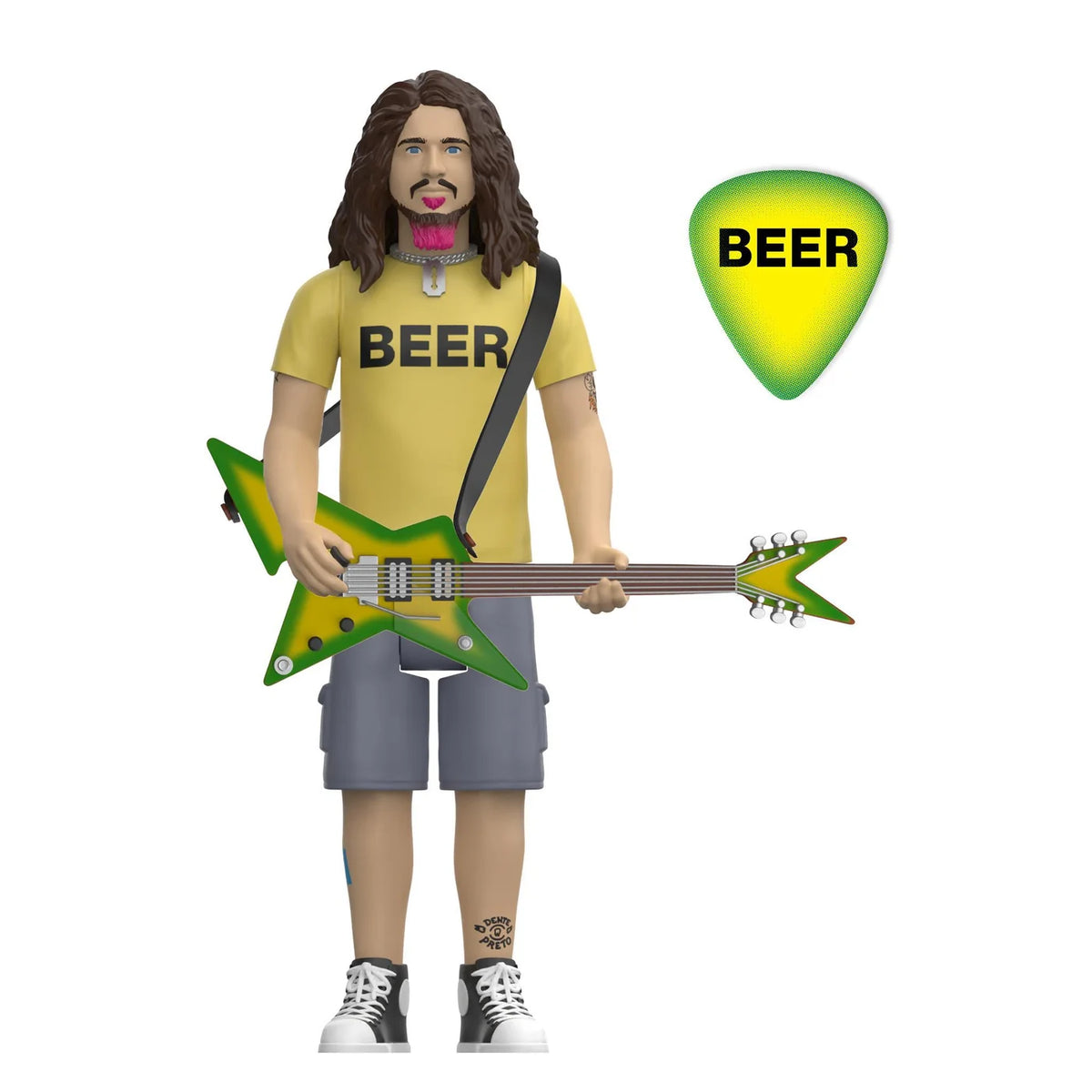 A stylized toy or figurine of a bearded man with long brown hair, wearing a yellow t-shirt with 'BEER' printed on it, gray shorts, and black-and-white sneakers. He is holding a green and yellow electric guitar and has a green-and-yellow guitar pick graphic floating beside him on a plain white background.