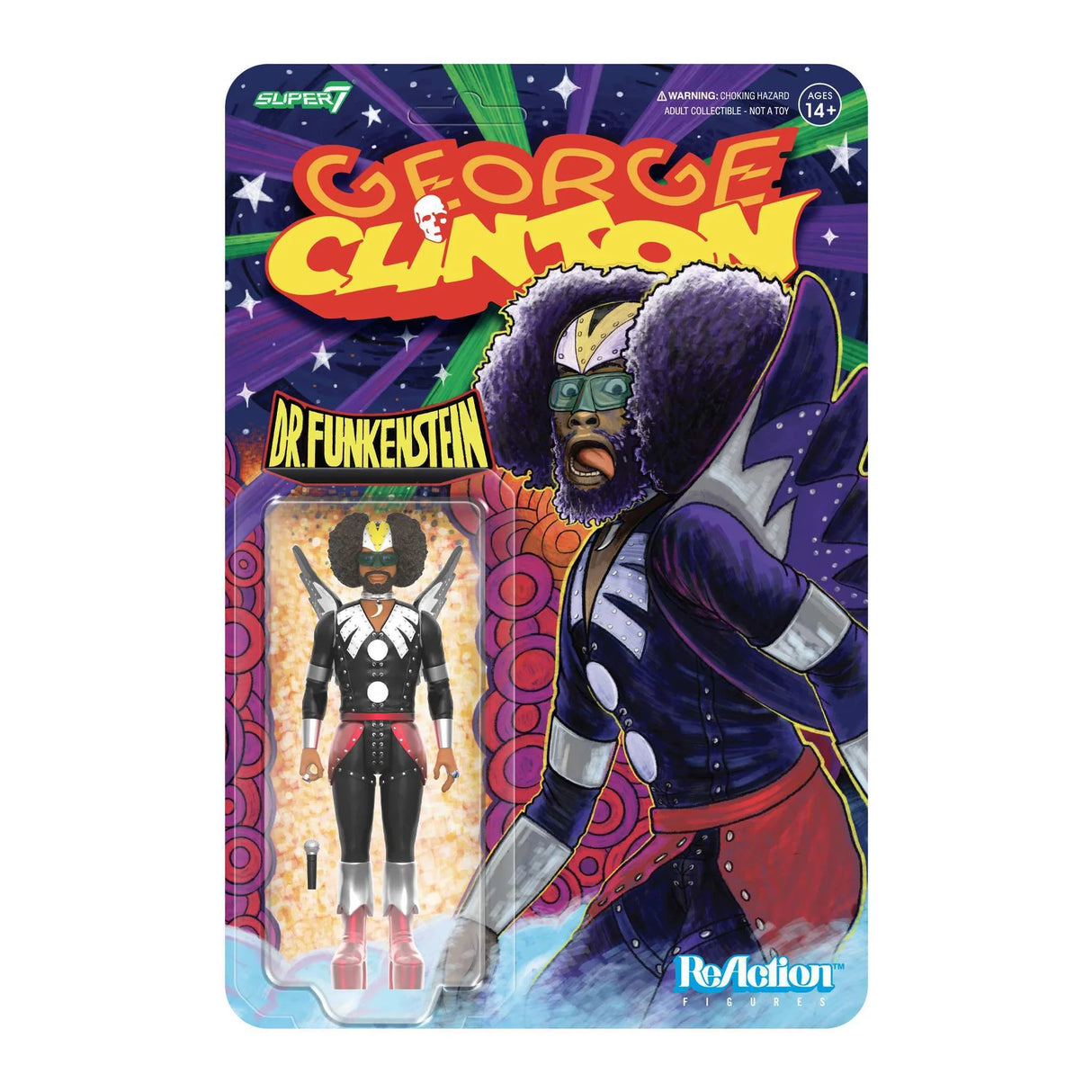 Action figure packaging for George Clinton as Dr. Funkenstein with colorful background