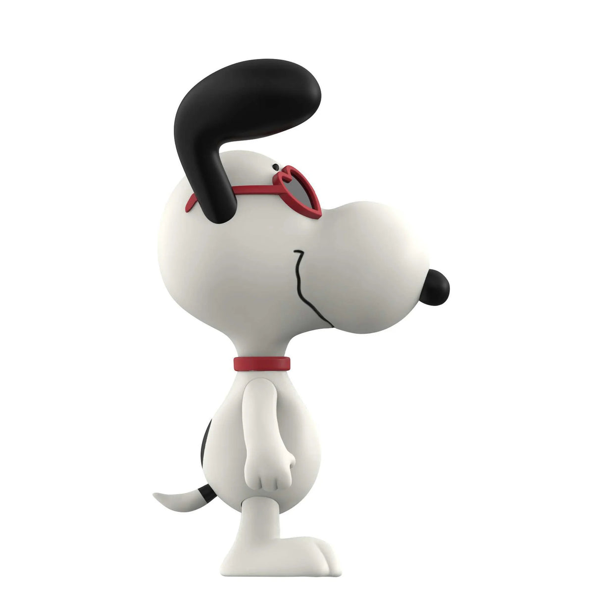 Snoopy figurine with red collar and sunglasses on a white background