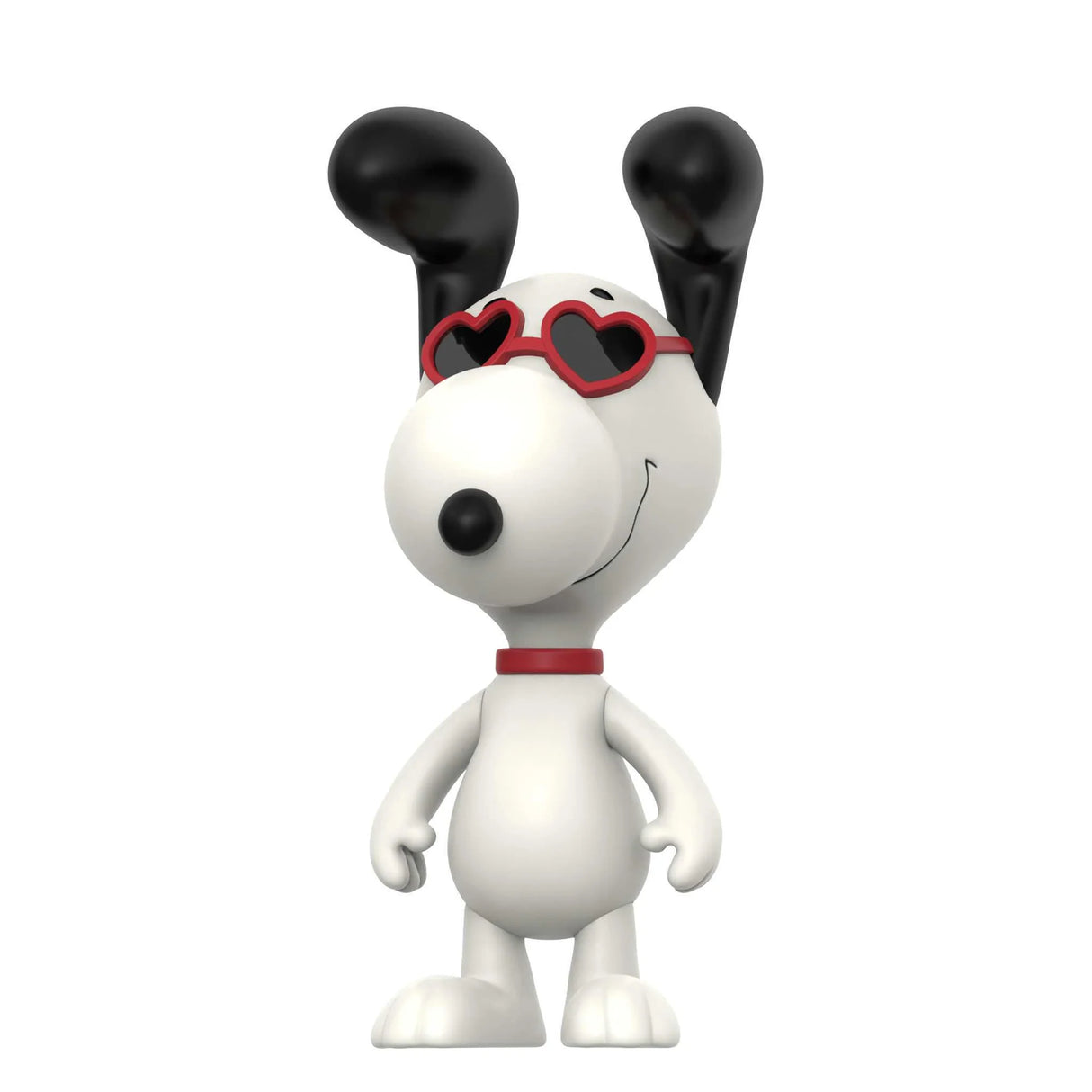 White dog figurine with black ears and red heart-shaped sunglasses on a white background