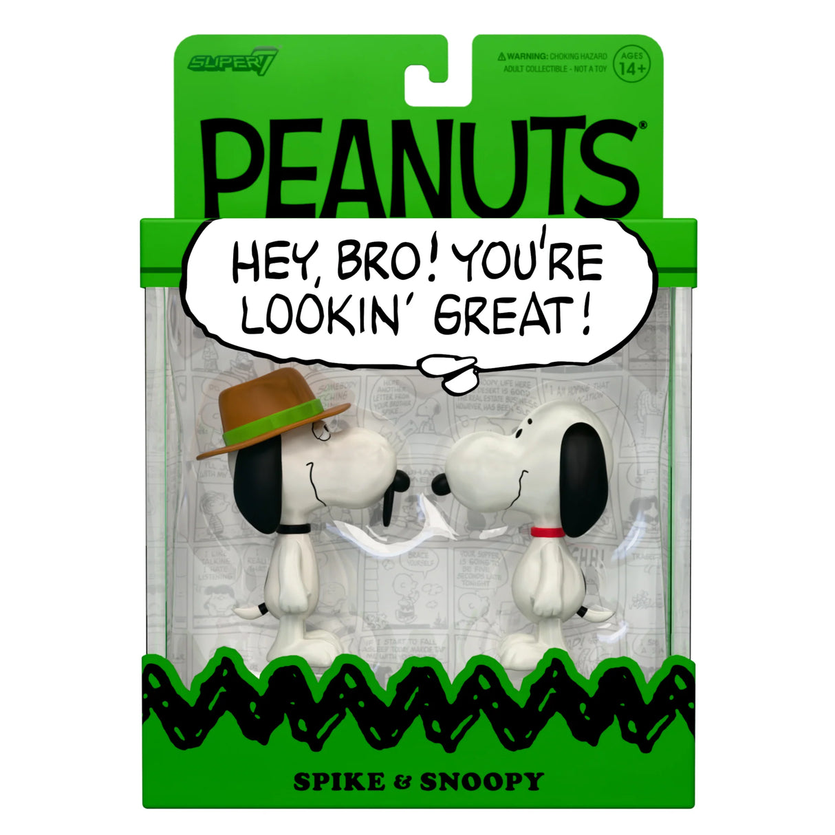 Peanuts figurine packaging with Snoopy and Spike, featuring a speech bubble.