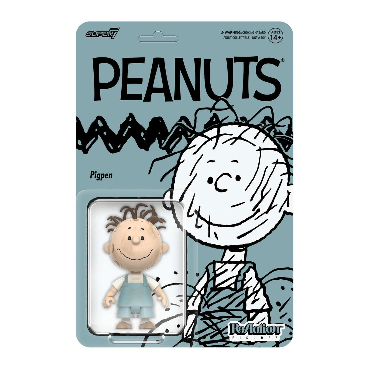 Peanuts figurine packaging with character illustration on a blue background