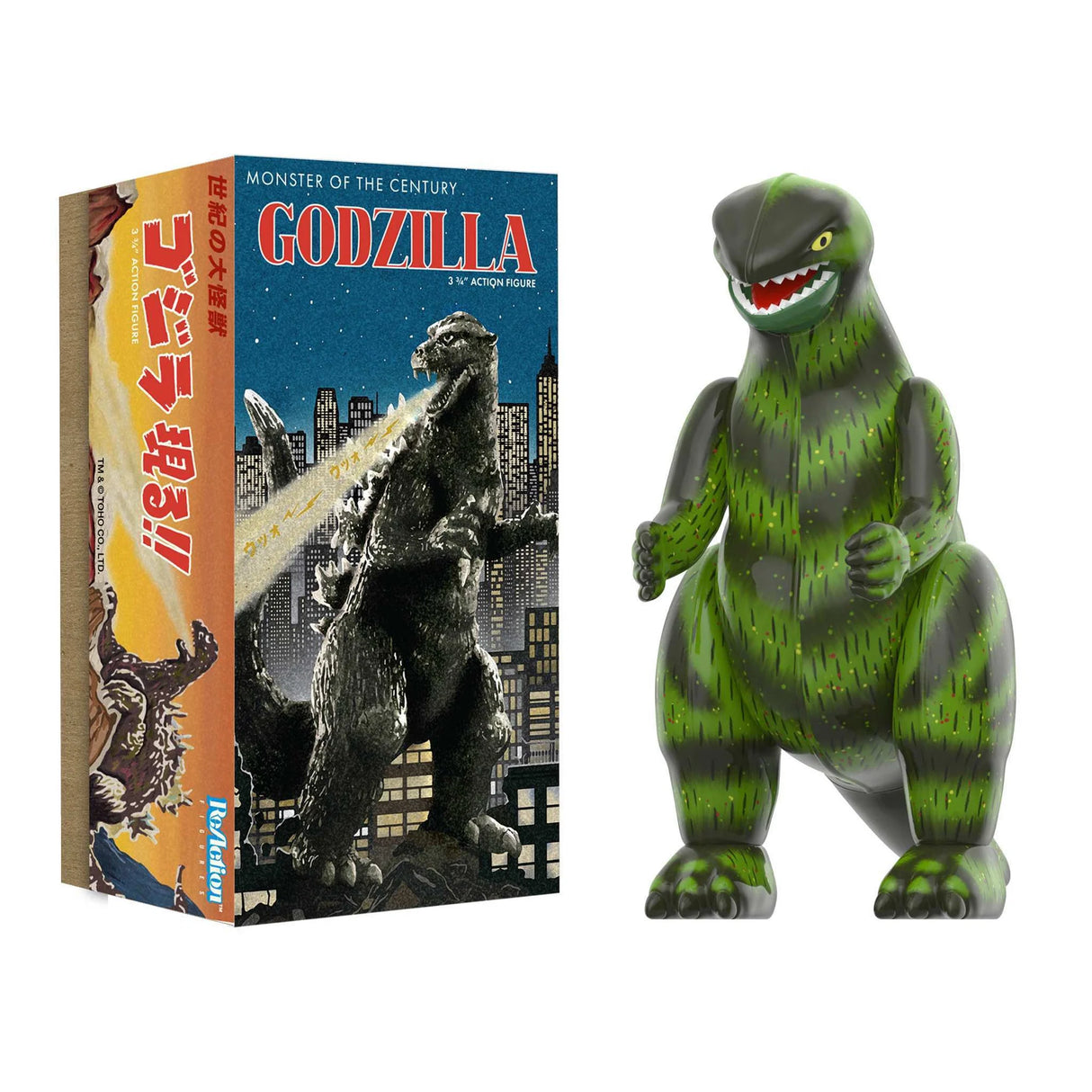 Godzilla action figure next to its packaging