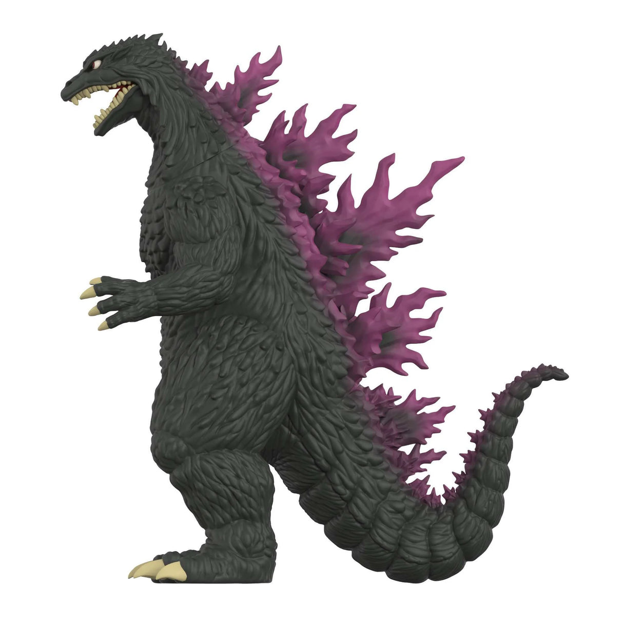 Godzilla figurine with purple and white mane on a white background