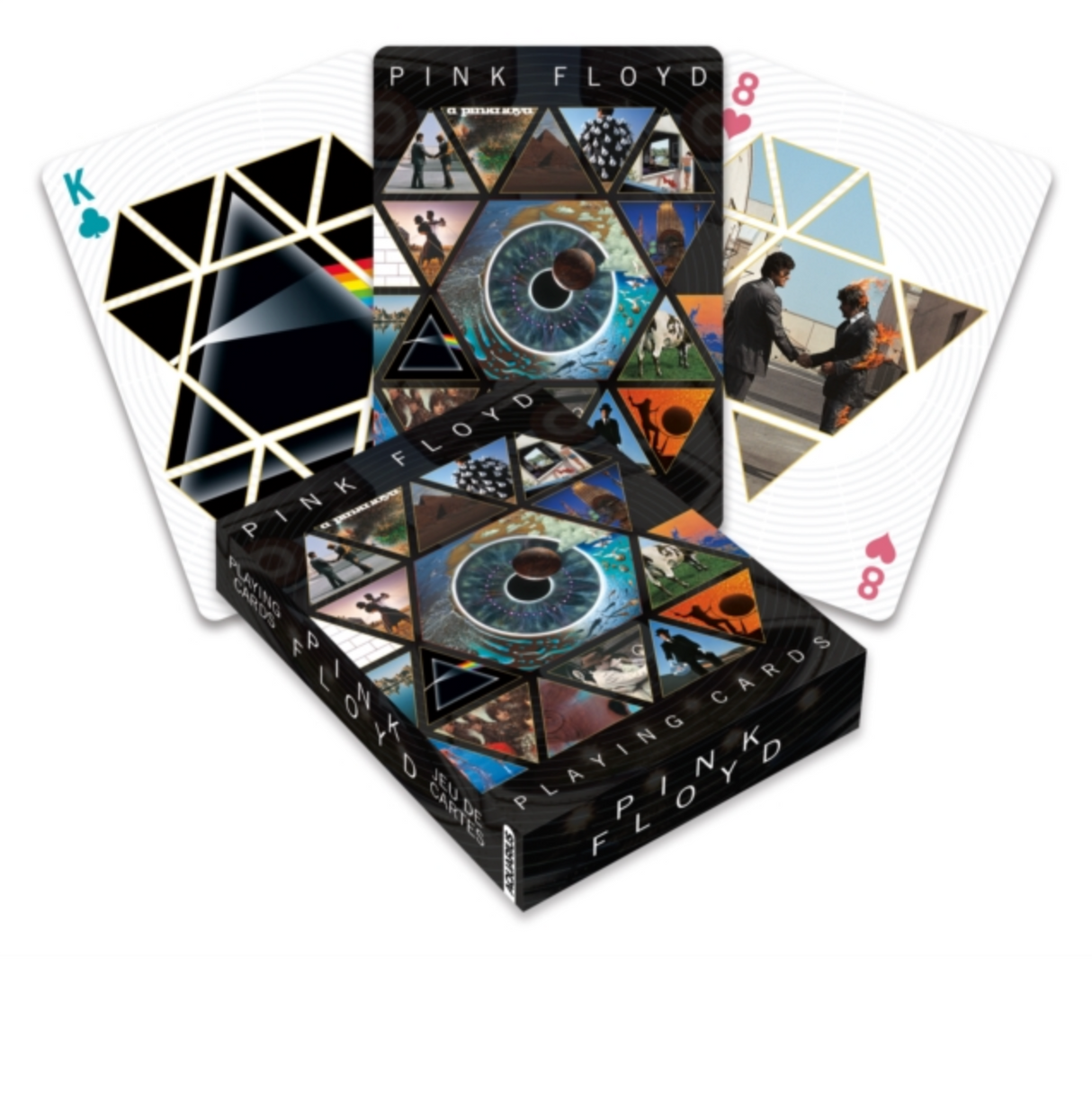 A pack of Pink Floyd themed playing cards with various band-related graphics on the packaging and card backs.