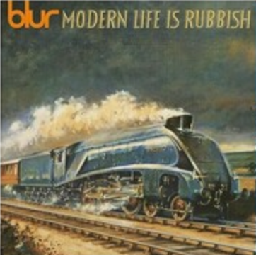 Album cover for Blur's 'Modern Life Is Rubbish' featuring a vintage train on tracks with a dramatic sky.