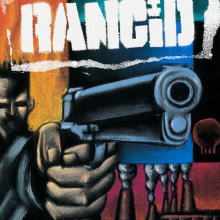 Limited edition white and black splatter vinyl of Rancid album with a stylized cover art featuring a hand holding a gun, set against a colorful background with skulls and what appears to be a factory scene.