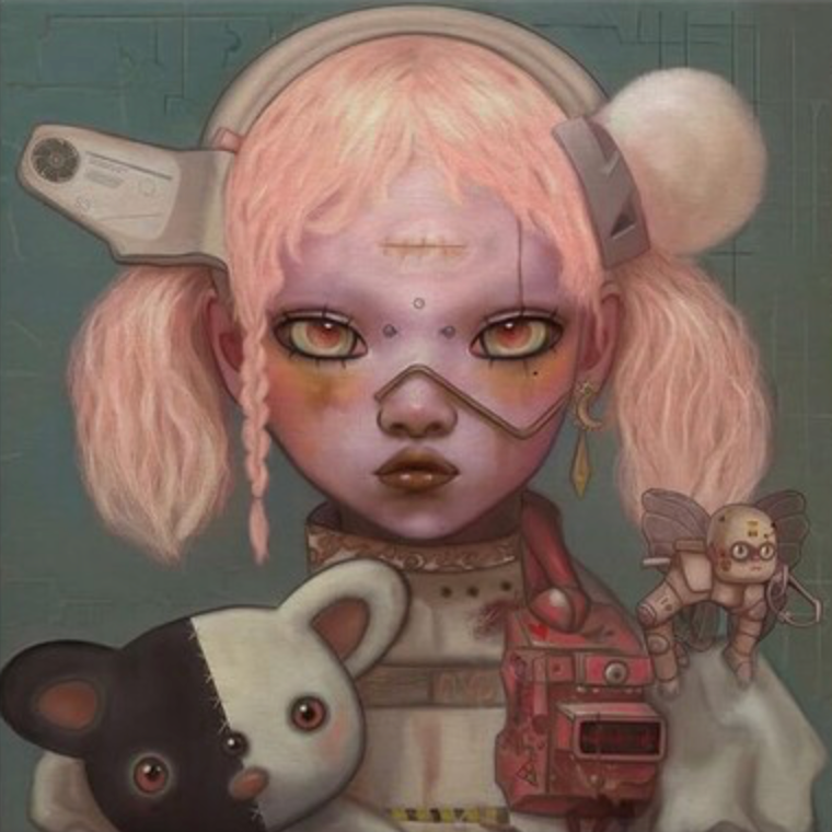 Album cover featuring a stylized, cybernetic-themed artwork with a character resembling a young girl with pink hair and a bear-like companion, alongside various mechanical and electronic devices.