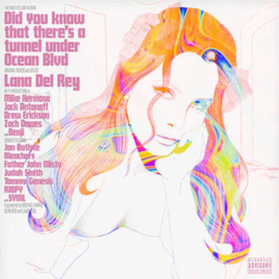 Lana Del Rey album cover for 'Did You Know That There's A Tunnel Under Ocean Blvd' featuring colorful, abstract artwork with the artist's portrait.