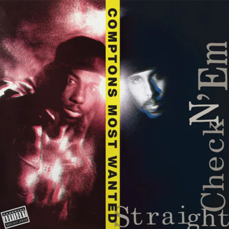 Album cover of 'Compton's Most Wanted - Straight Checkn Em LP' featuring a split image with one half showing a man with a gun and the other half showing a dark face silhouette against a moonlit background.