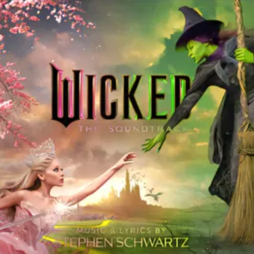 Cover art for 'Wicked: The Soundtrack 2LP' featuring a stylized depiction of characters from the musical with a backdrop of a magical, colorful landscape.