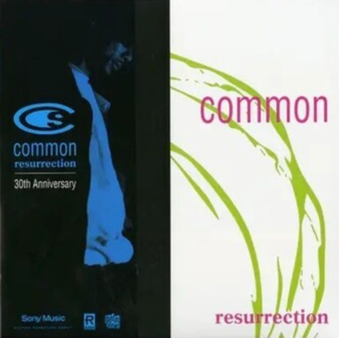 Cover art for the album 'Resurrection' by Common, featuring a silhouette of a person against a black background with the title and Sony Music logo.