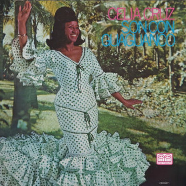 The cover image shows the artist, Celia Cruz, in a green polka-dot dress, posing outdoors with her arm raised.