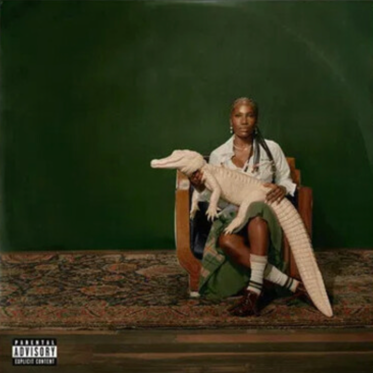 Album cover with a person holding a toy alligator against a dark green background