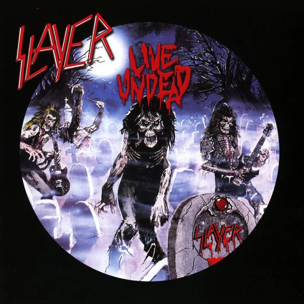 Album cover for Slayer's 'Live Undead' with band members and text.