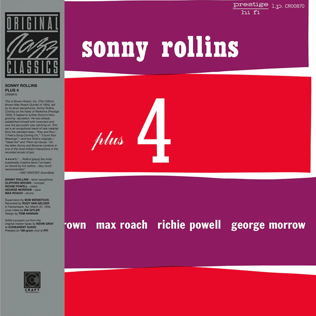 Album cover of 'Sonny Rollins Plus 4' featuring a red and purple design with text.
