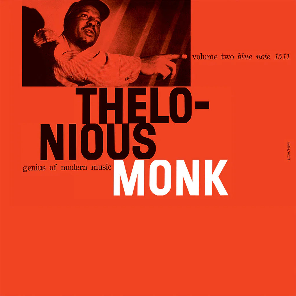 Album cover for Thelonious Monk's 'Genius of Modern Music' with a portrait and text on an orange background.