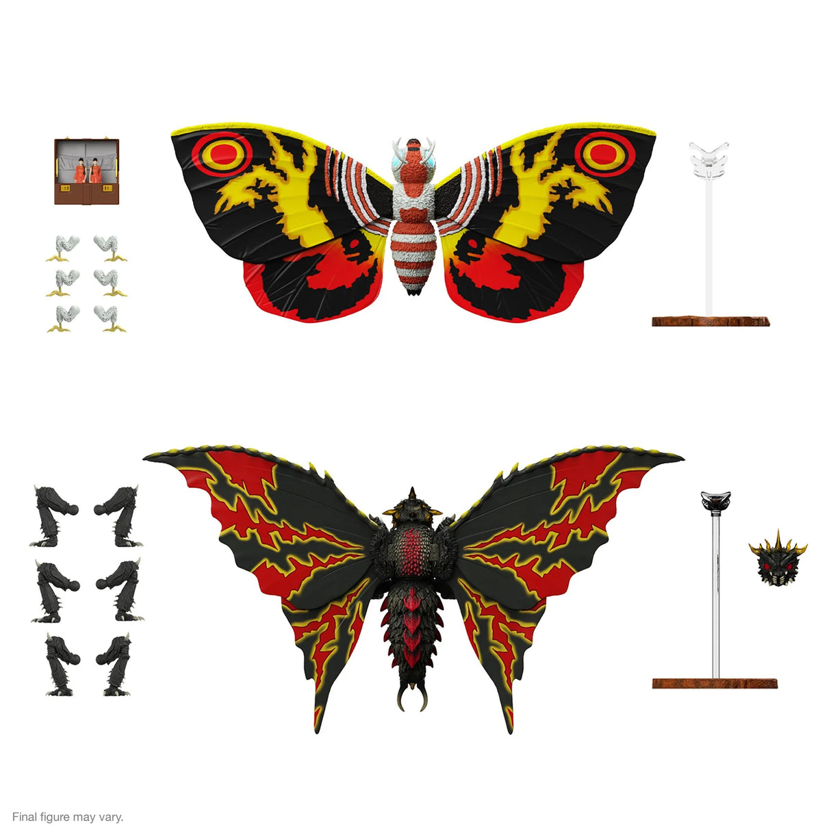 Butterfly-themed action figure set with various parts on a white background
