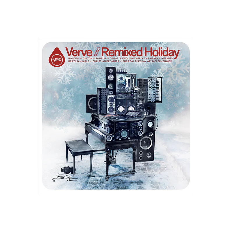 Album cover for 'Verve Remixed Holiday' with a snowy background and stereo equipment.