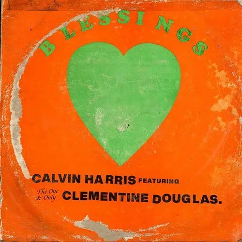 Album cover with a green heart on an orange background, featuring Calvin Harris and Clementine Douglas.