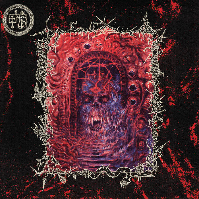 The album cover art for the band Death Magnetic's 'The Devourer of Worlds', featuring a central surreal skull-like face in red and blue tones, surrounded by a jagged white border on a black background with red splatters. A circular logo for the band is visible in the top-left corner.