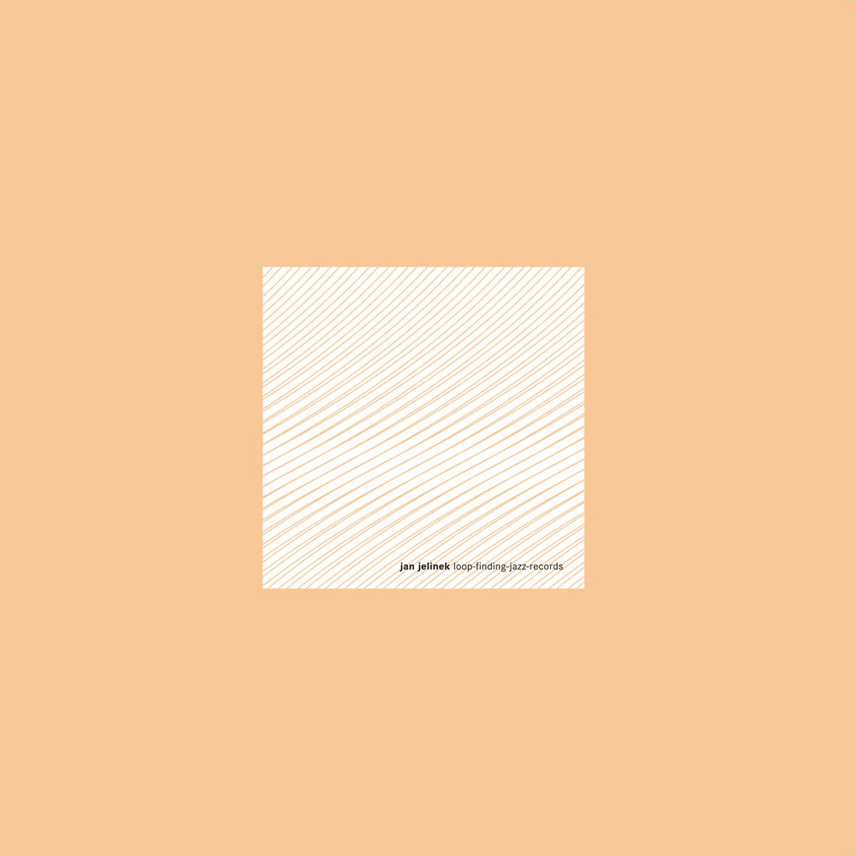 A minimalist square album cover or print centered on a solid peach background. The square has a white center with thin diagonal orange lines radiating inward, and small black text at the bottom reading 'jan petitusk' and 'icon finding jazz records'.