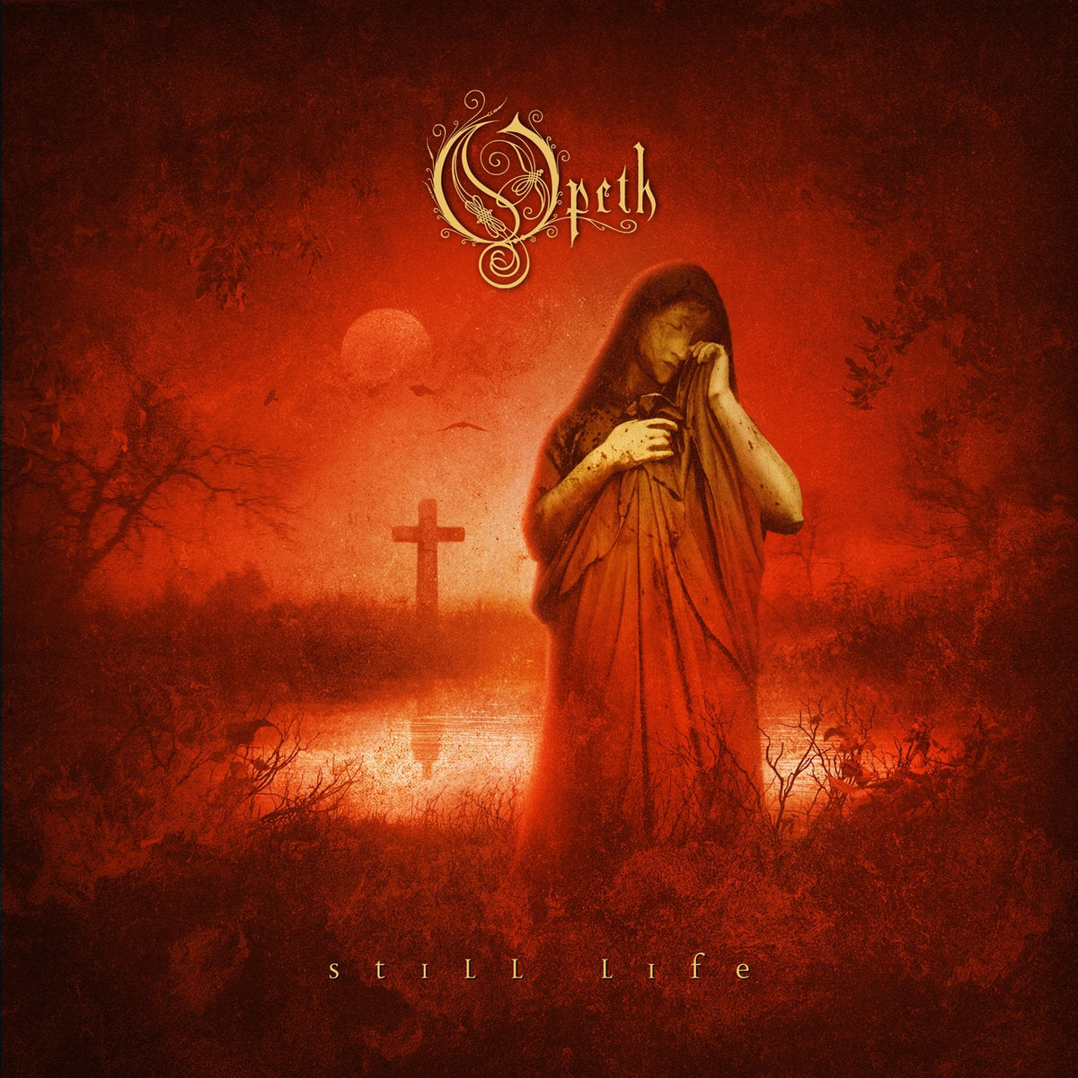 Album cover for 'Still Life' by Opeth with a person in a red dress standing in a field with a cross.