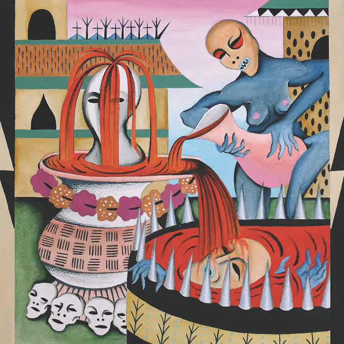Abstract artwork with figures and objects in a stylized setting