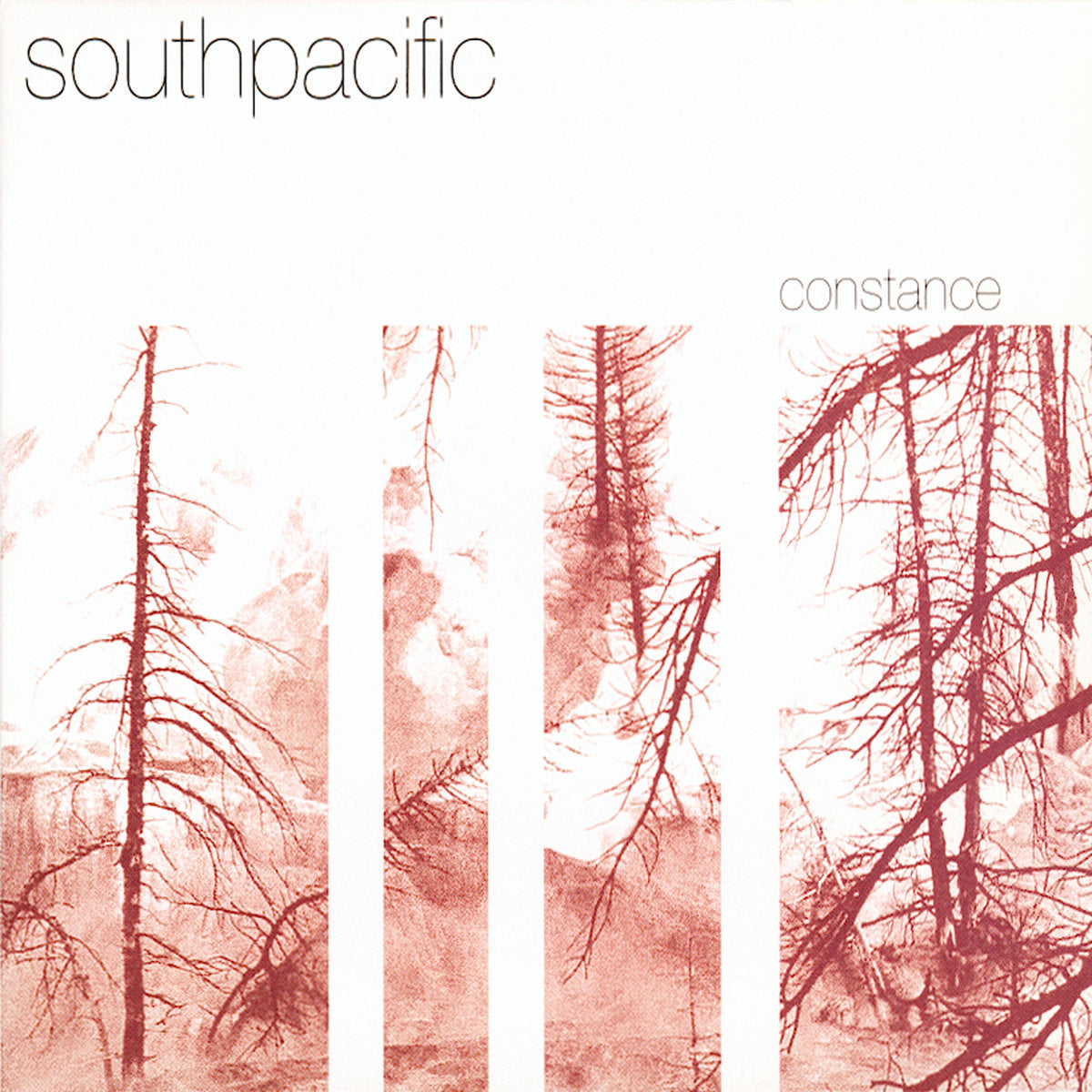 Album cover for 'constance' by southpacific, featuring a white background with a series of vertical pinkish-red strips showing bare tree branches and misty forest imagery.