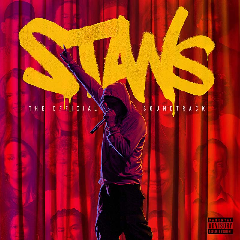 Album cover with a person holding a microphone against a red curtain background, featuring the title 'STANS' and 'The Official Soundtrack'.