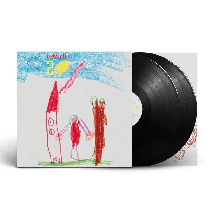 Vinyl record with a colorful cover featuring hand-drawn art on a white background