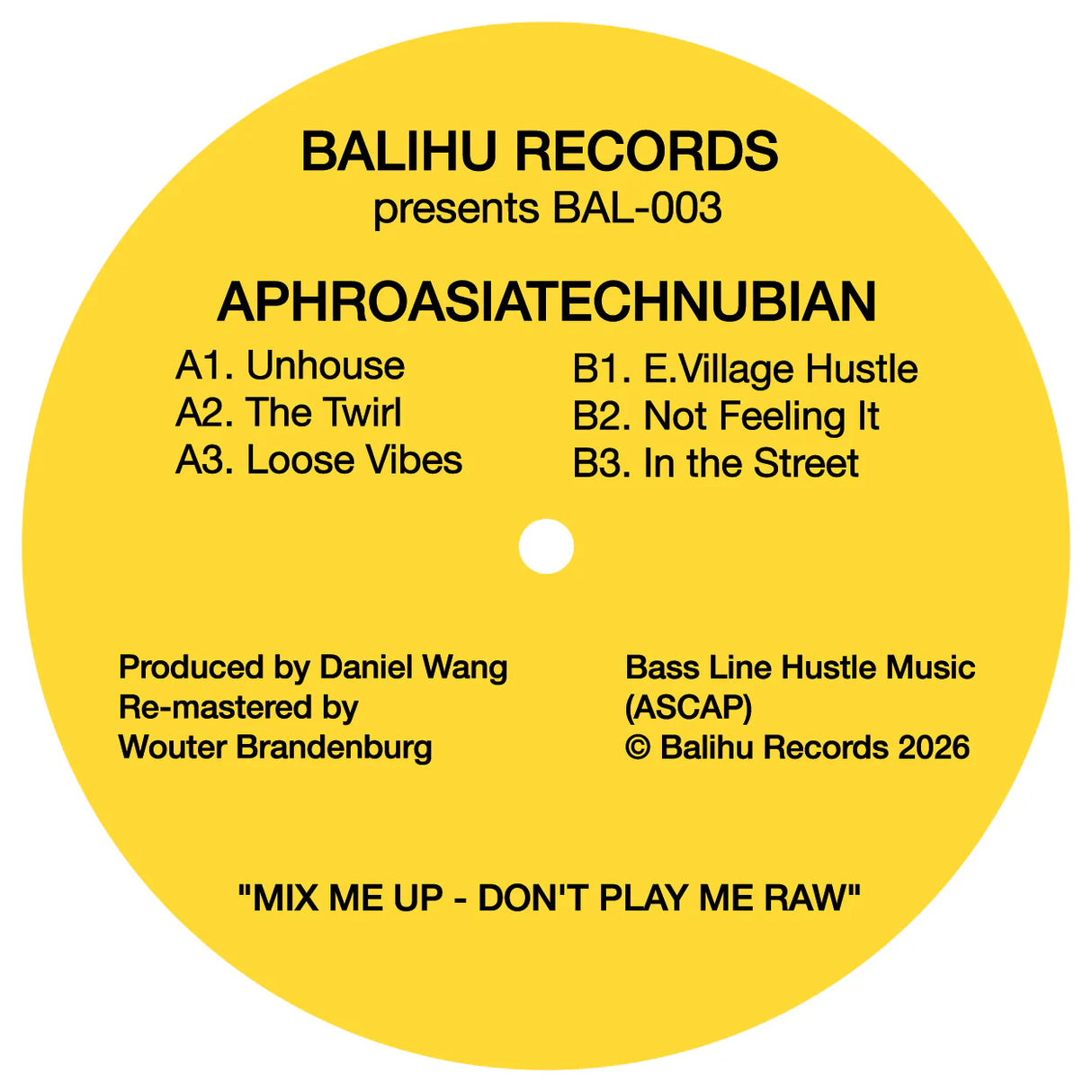 Yellow record label with text for Balihu Records featuring a music tracklist.