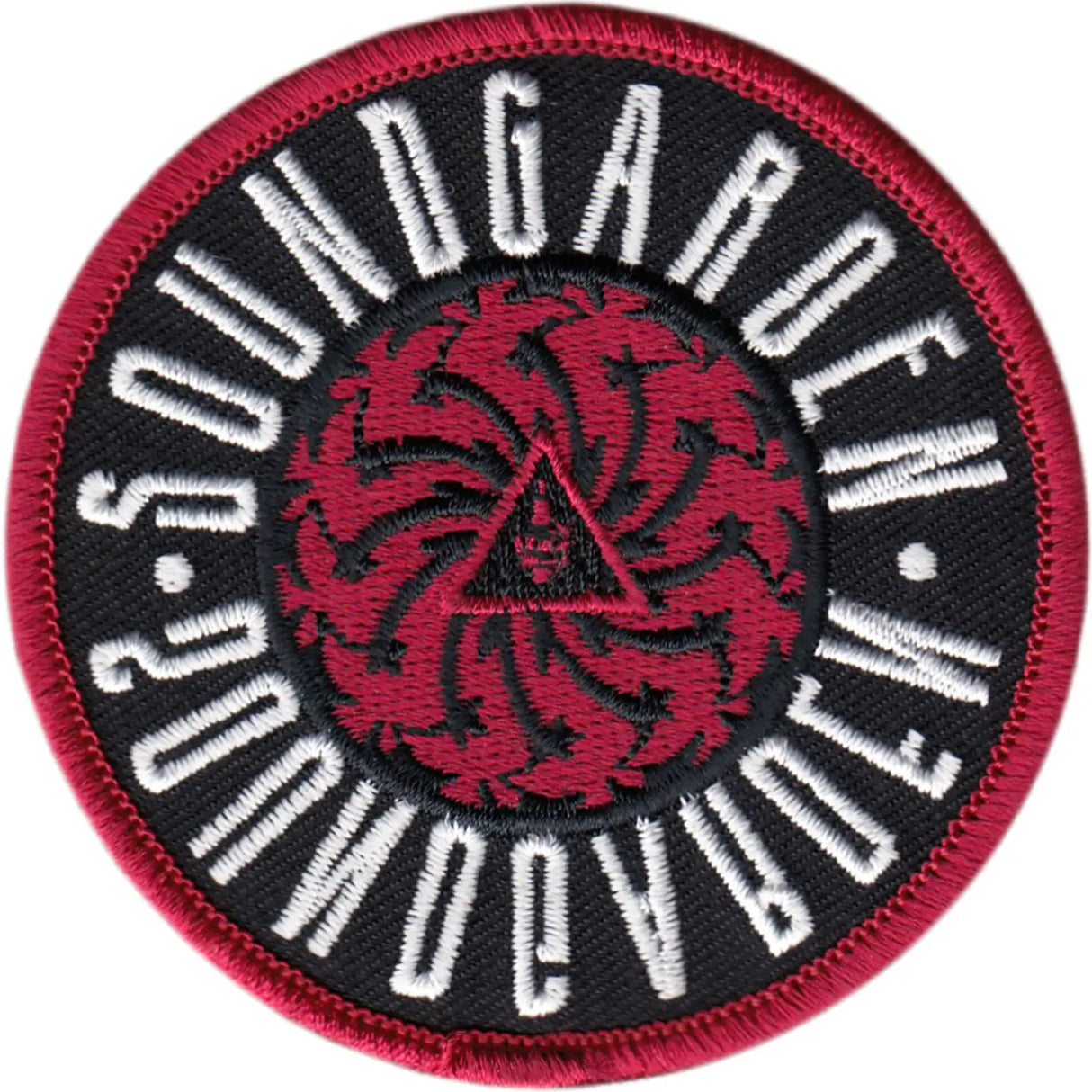A circular embroidered patch featuring the text 'SOUNDGARDEN' in white around a red spiral motif on a black background, with a red stitched border.