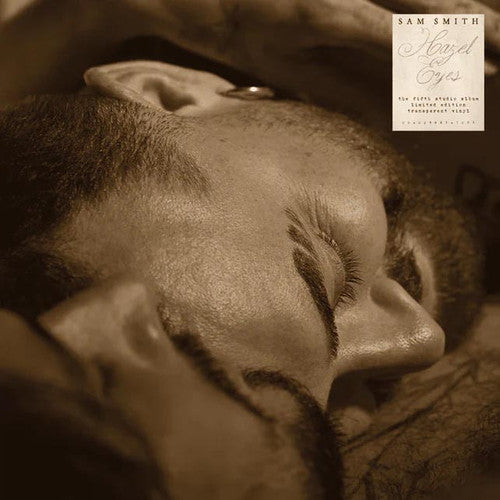 Album cover for Sam Smith's 'Never Let Go', featuring a sepia-toned close-up photograph of a sleeping man's face with a white text box in the top right corner displaying the artist's name and track listing details.
