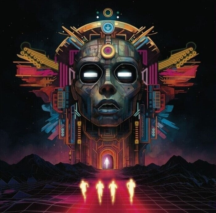 Artistic depiction of a futuristic mask with glowing eyes and a stylized landscape.
