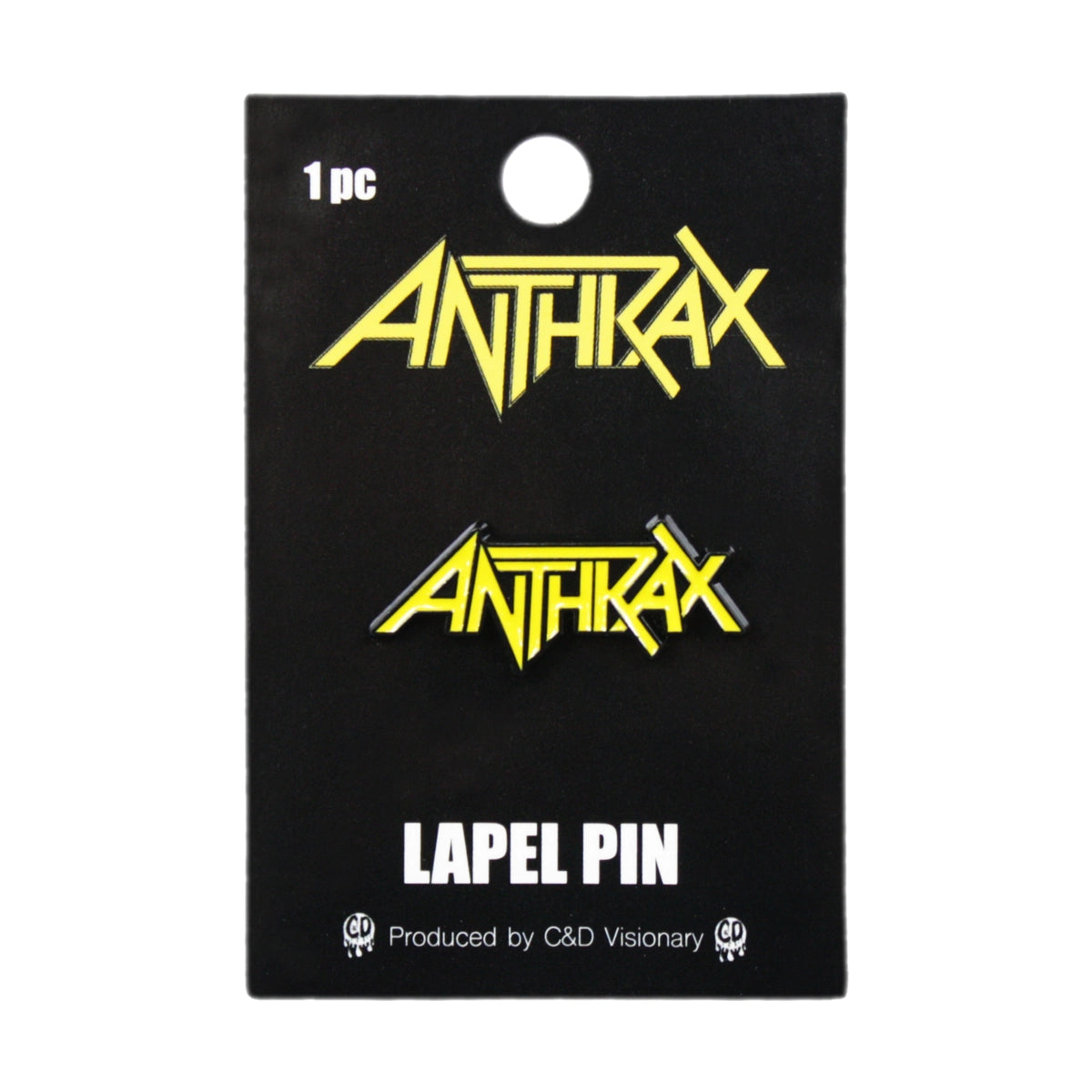 Anthrax lapel pin on a black card with brand name and product details.