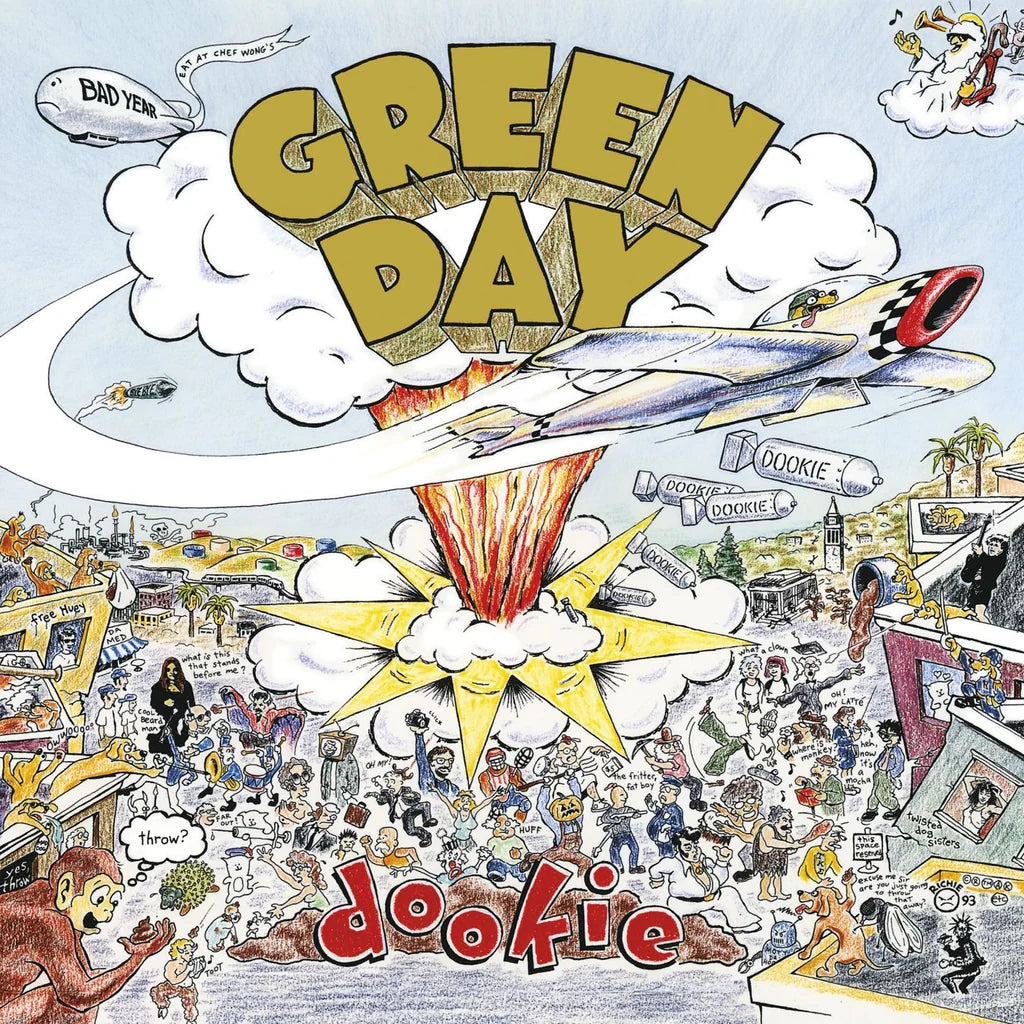 Album cover for 'Dookie' by Green Day with cartoon-style illustrations and text.