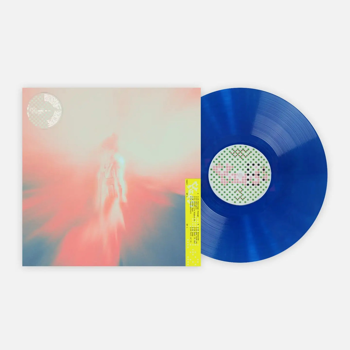 Blue vinyl record with a colorful cover on a white background