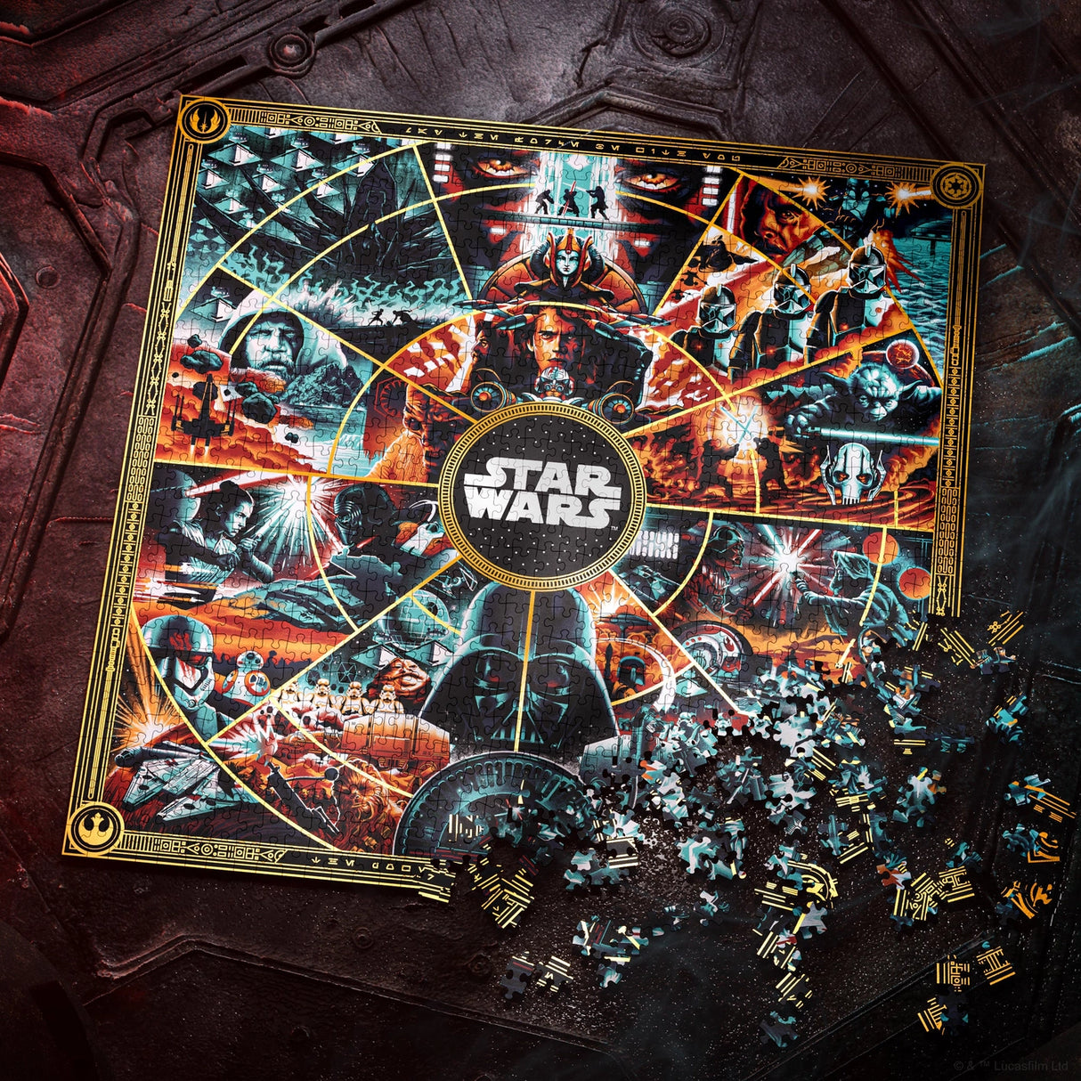 A Star Wars themed jigsaw puzzle box and loose pieces displayed on a dark, textured surface. The box features a detailed collage of iconic Star Wars characters and scenes, with the Star Wars logo centered in a gold-bordered circular frame.