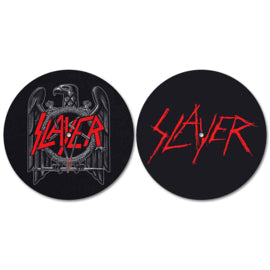 Two black round coasters with Slayer logo on a white background