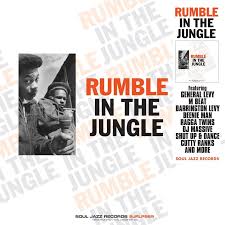 Album cover for 'Rumble in the Jungle' by George Lynch, featuring a black-and-white photo of two men, bold red title text, and a tracklist on a white background with diagonal watermark text.