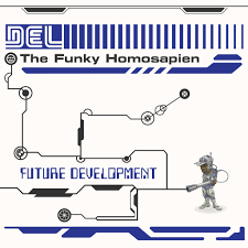 Album cover with futuristic design and text 'The Funky Homosapien' on a white background