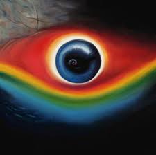 Album cover with a colorful eye design