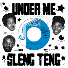 A square graphic design featuring the text 'UNDER ME' at the top and 'SLENG TENG' at the bottom, with a blue-and-white vinyl record in the center and four black-and-white portrait photos around it on a light gray background.