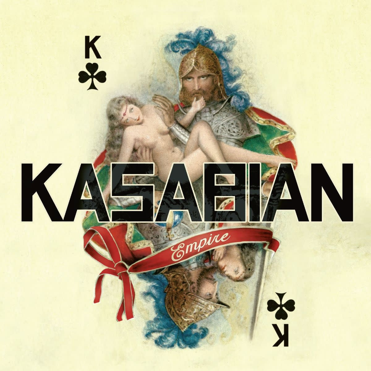 Album cover for Kasabian's 'Empire' with classical-style illustration and brand logo.